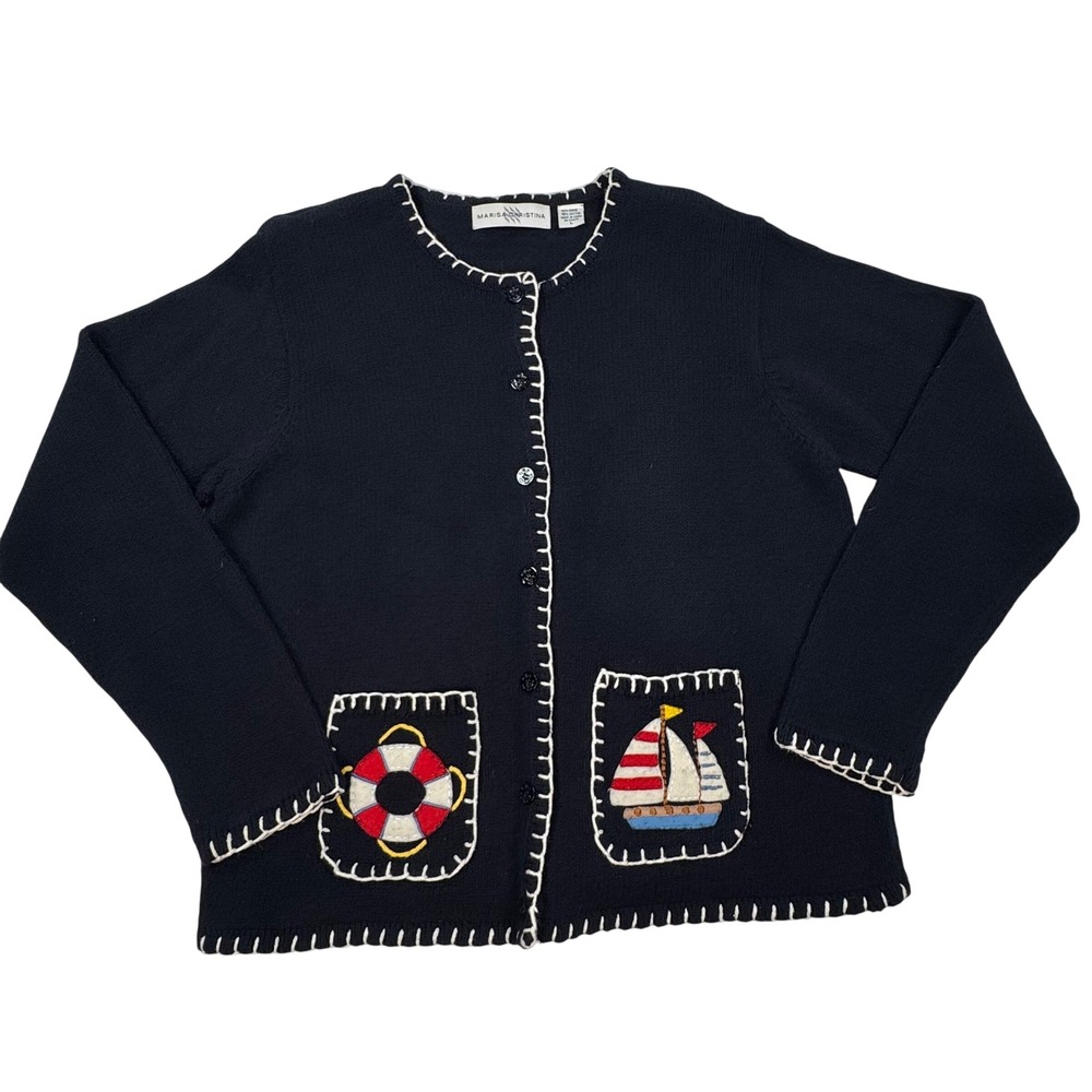Marisa Christina Vintage Nautical Lighthouse Sailboat Cardigan Navy Blue Large